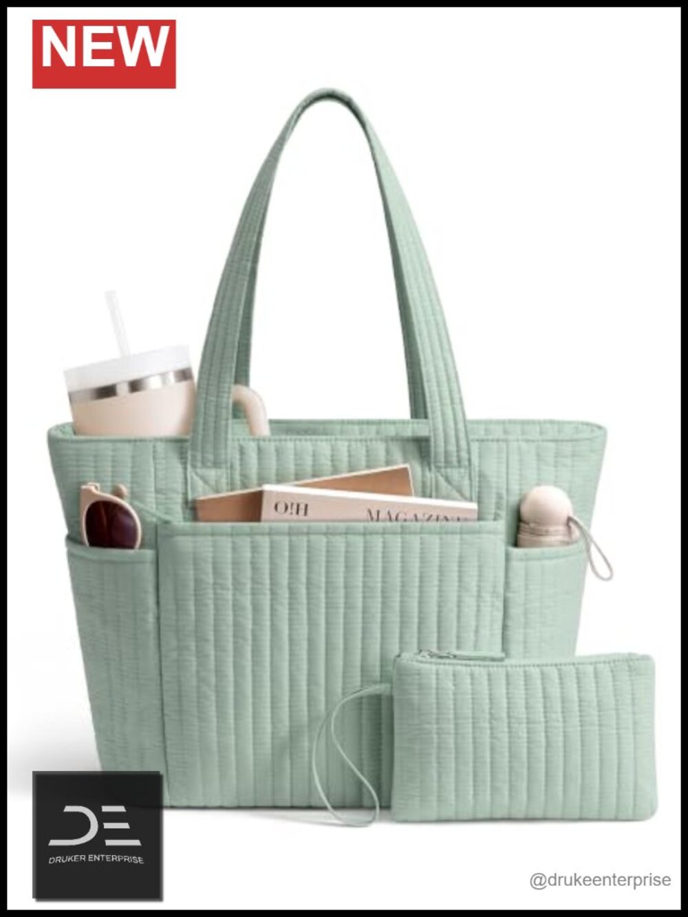 Quilted Cotton Tote Bag for Women, Lightweight Laptop Zip Travel Handbag with